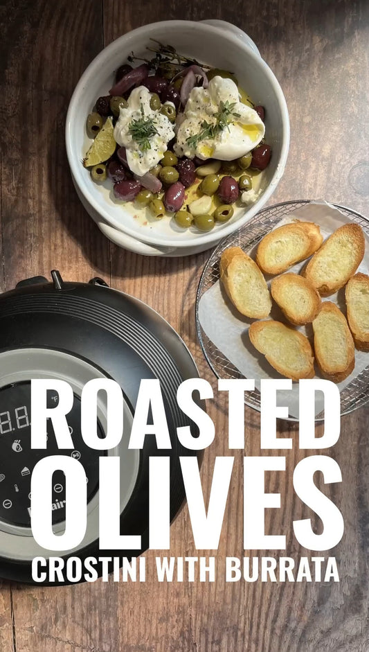 Roasted olives crostini with Burrata 