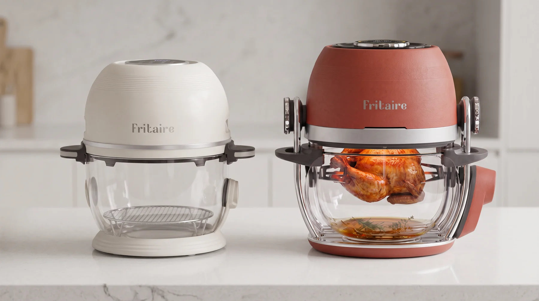 The original Fritaire on the left beside the Fritaire Deluxe in Terracotta on the right